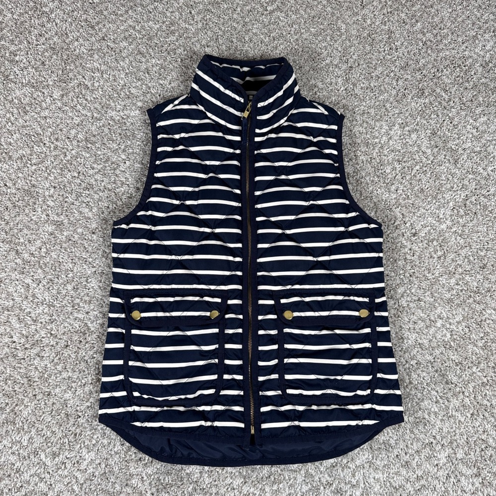 J Crew Vest Womens XS Navy White Striped Quilted Puffer Down Fill 02727
